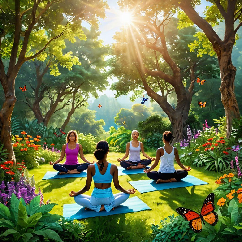 A serene landscape featuring a diverse group of individuals engaging in holistic healing practices such as yoga, meditation, and herbal remedies, surrounded by lush greenery and vibrant flowers. Symbolic representations of hope and resilience like butterflies and sunlight filtering through trees, creating a sense of peace and vitality. Capture the essence of community and wellness. super-realistic. vibrant colors. nature background.