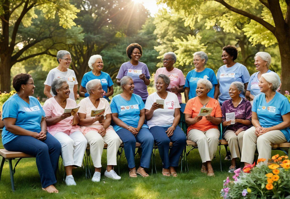 A warm and inviting scene depicting a diverse group of tumor survivors gathered in a sunlit park, sharing stories and laughter, surrounded by greenery and colorful flowers. Incorporate symbols of hope, like butterflies and ribbons, while showcasing supportive gestures like hugs and hand-holding. Include informational resources like pamphlets and banners to emphasize advocacy. super-realistic. vibrant colors. uplifting atmosphere.