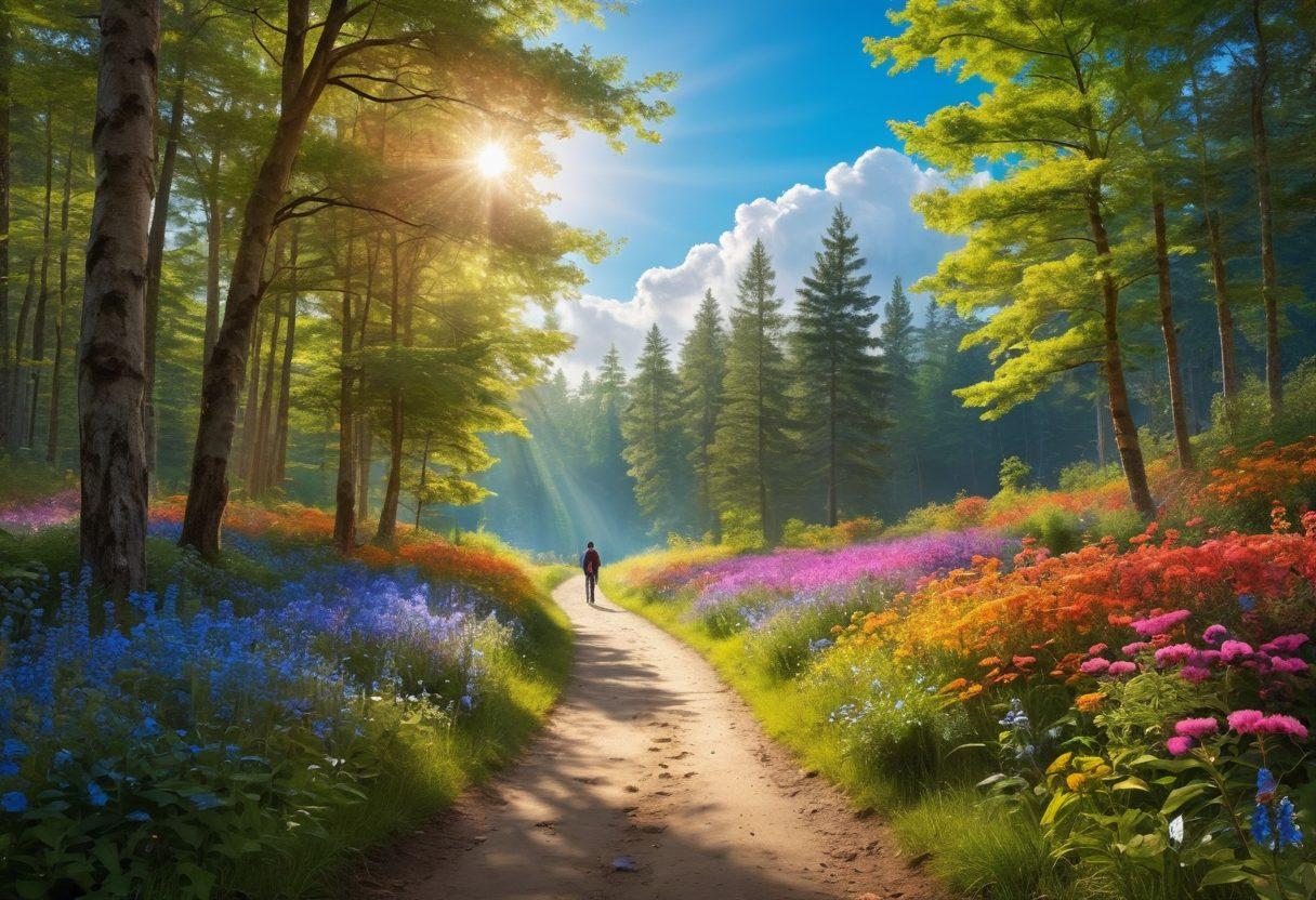 A serene landscape depicting a path winding through a vibrant, sunlit forest, symbolizing hope and resilience. Along the path, there are silhouettes of diverse individuals walking together, each with unique symbols of wellness and strength. In the background, a bright blue sky with soft clouds represents optimism. Flashes of colorful flowers along the way to enrich the scene, inviting a sense of empowerment and community. super-realistic. vibrant colors. soft focus.